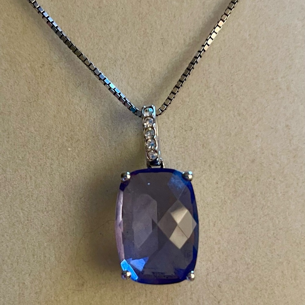 Clear blue cushion cut man-made stone w/CZ’s charm & necklace set in 925 silver